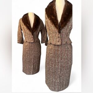 Vintage 50s BrownTweed Skirt Suit with Fox Fur Collar by Rafi